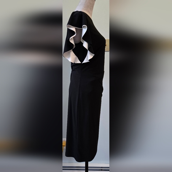 Lauren R.L. black stretch side-rouched midi dress flutter-sleeve w/white sz 10 - Picture 2 of 9